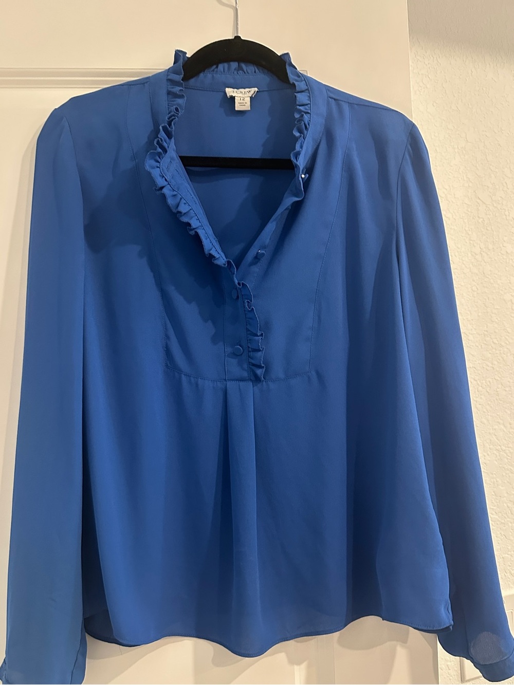 J.Crew Factory Ruffle Neck Blouse Cobalt Blue Long Sleeve Size 12 BA742